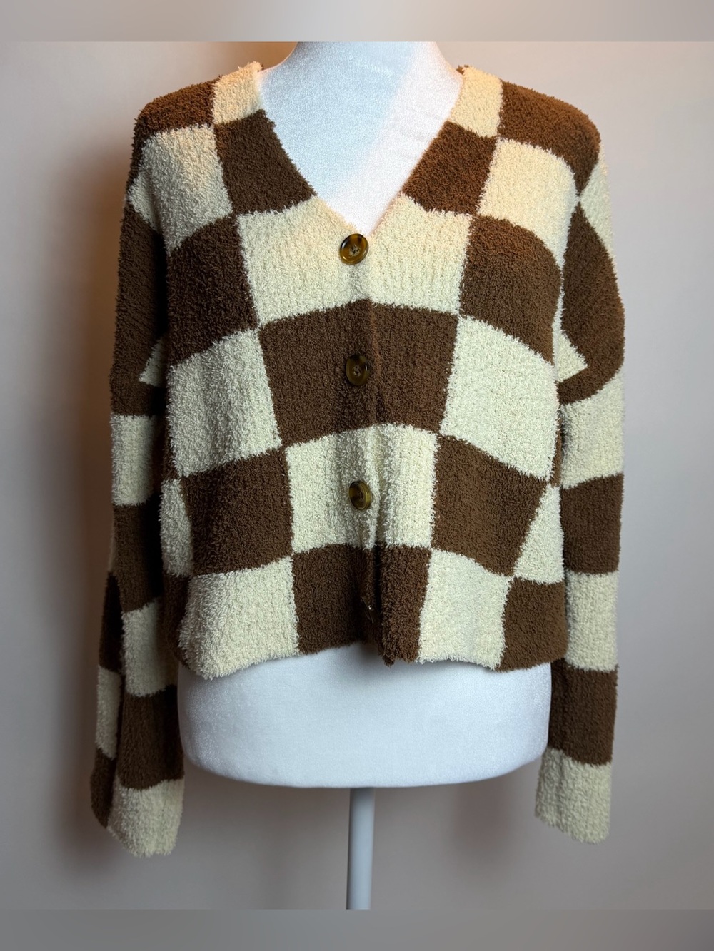 Miami for Francesca’s Cream and Brown Textured Bouclé Cropped Sweater